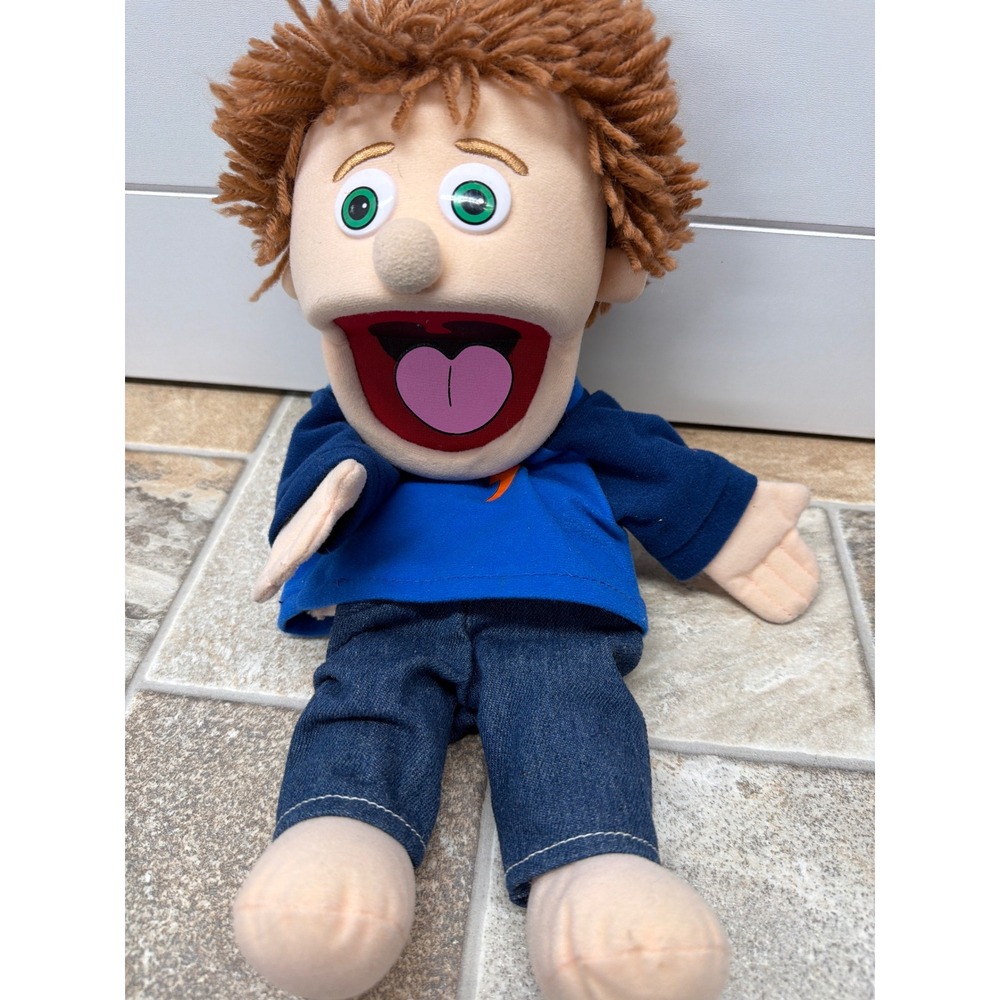Silly Puppets Boy Hand Puppet Brown Yarn Hair Blue Shirt Denim Jeans 2008 Plush